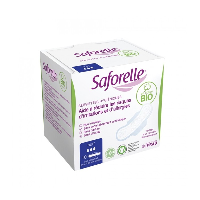 Saforelle - Serviettes hygiéniques Nuit en Coton Bio (x10) Saforelle - 1 Saforelle - Serviettes hygiéniques Nuit en Coton Bio (x10) Saforelle - 1