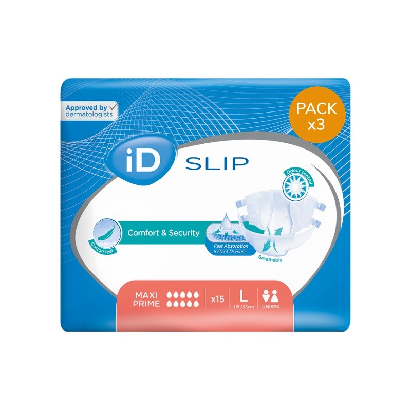 Couches adulte - Ontex-ID Expert Slip - L - Maxi Prime - Pack de 3 sachets Ontex ID Expert Slip - 1 Couches adulte - Ontex-ID Expert Slip - L - Maxi Prime - Pack de 3 sachets Ontex ID Expert Slip - 1