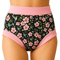 Shorty imperméable noir - Motif Fleurs Colibri Pupus - 1