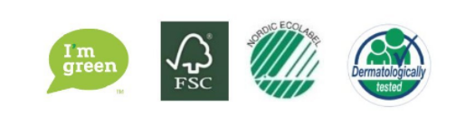 labels i'm green, FSC, Nordic ecolabel et dematologically tested